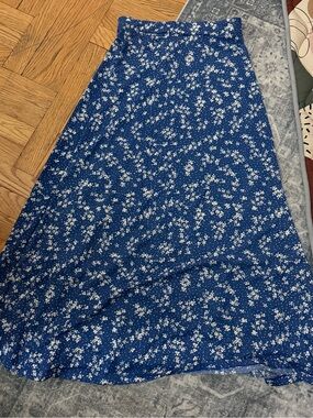 Blue Floral Maxi Skirt with White Blossom Print